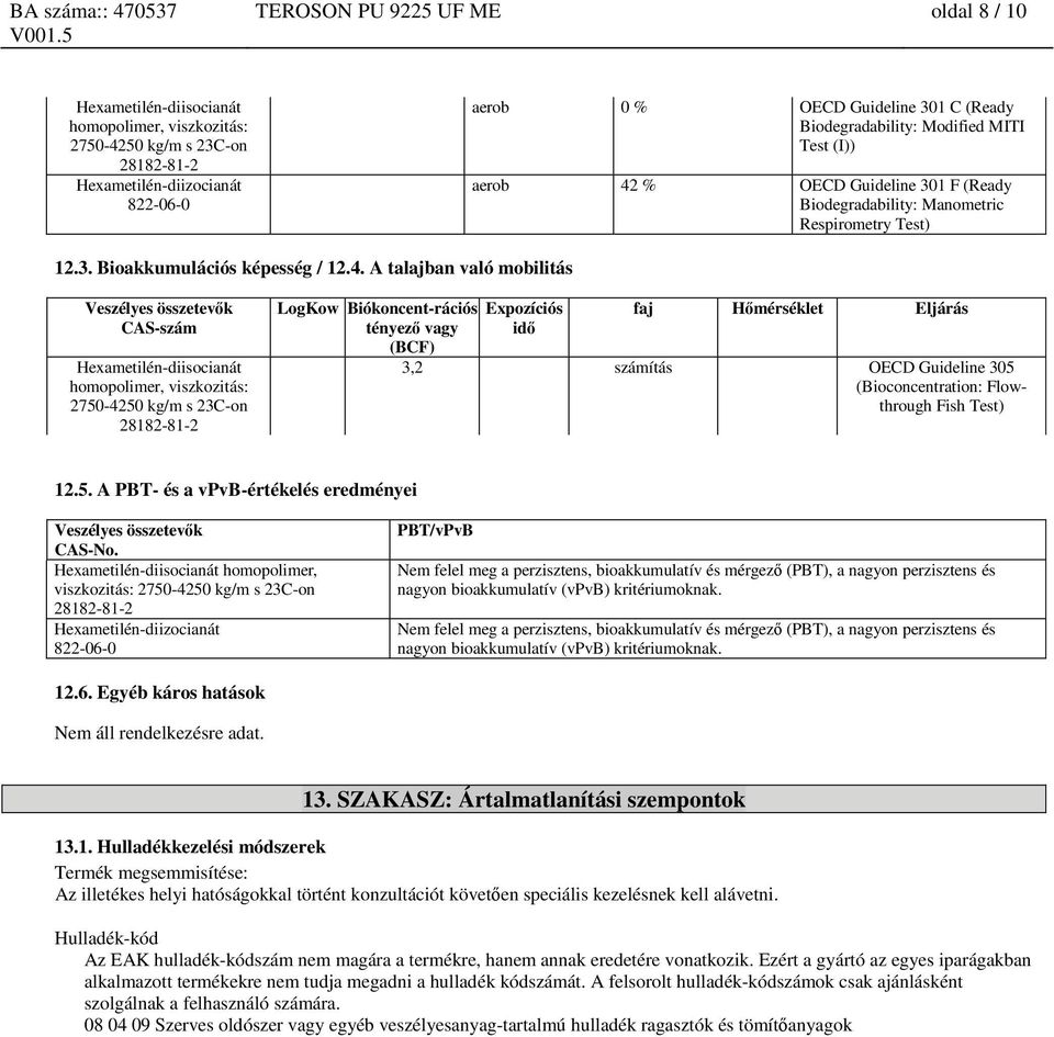 % OECD Guideline 301 F (Ready Biodegradability: Manometric Respirometry Test) 12.3. Bioakkumulációs képesség / 12.4.