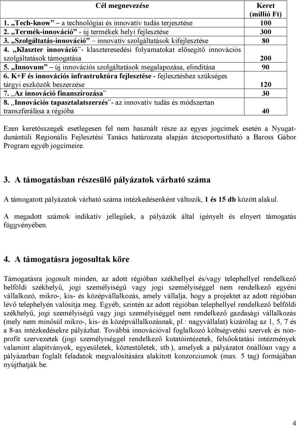 Innovum új innovációs szolgáltatások megalapozása, elindítása 90 6. K+F és innovációs infrastruktúra fejlesztése - fejlesztéshez szükséges tárgyi eszközök beszerzése 120 7.