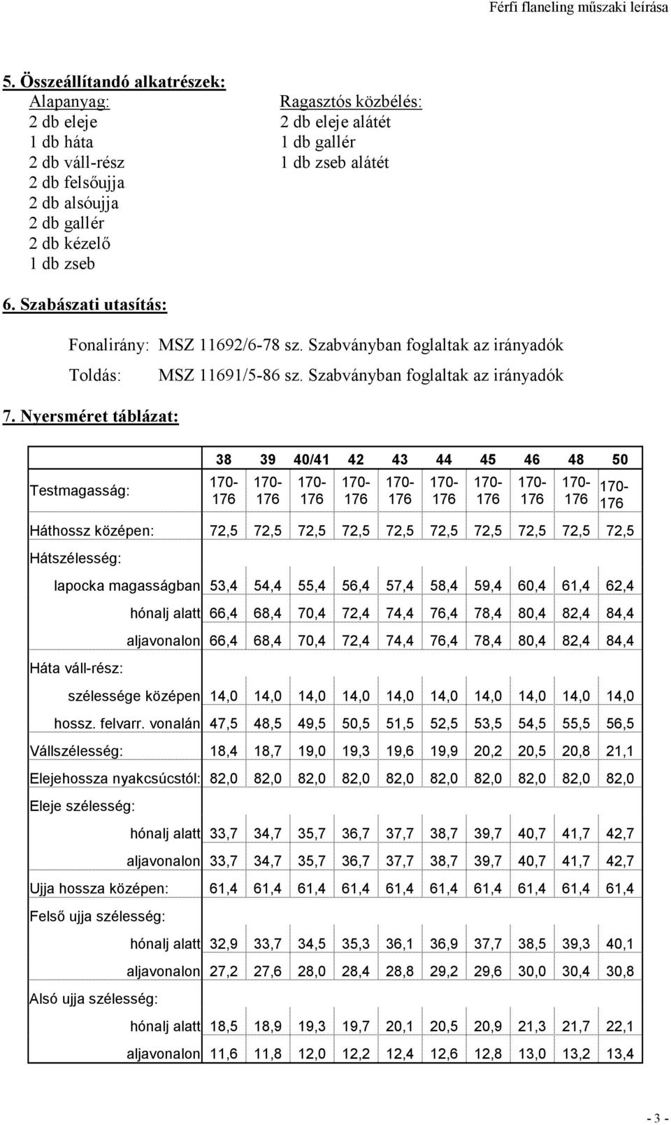 Szabványban foglaltak az irányadók 38 39 40/41 42 43 44 45 46 48 50 Háthossz középen: 72,5 72,5 72,5 72,5 72,5 72,5 72,5 72,5 72,5 72,5 Hátszélesség: lapocka magasságban 53,4 54,4 55,4 56,4 57,4 58,4