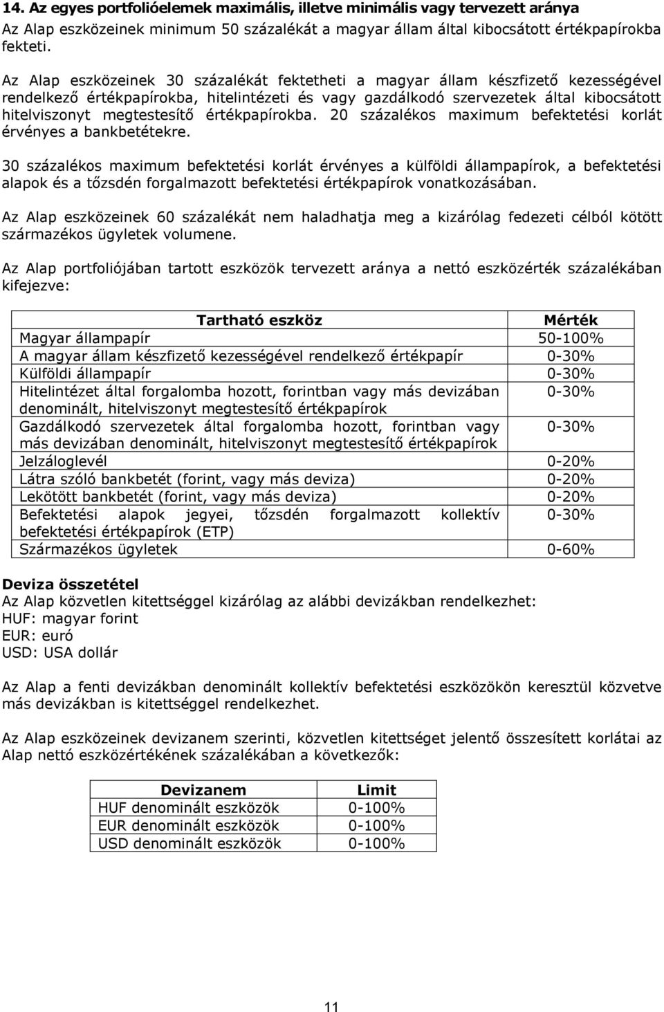 megtestesítő értékpapírokba. 20 százalékos maximum befektetési korlát érvényes a bankbetétekre.