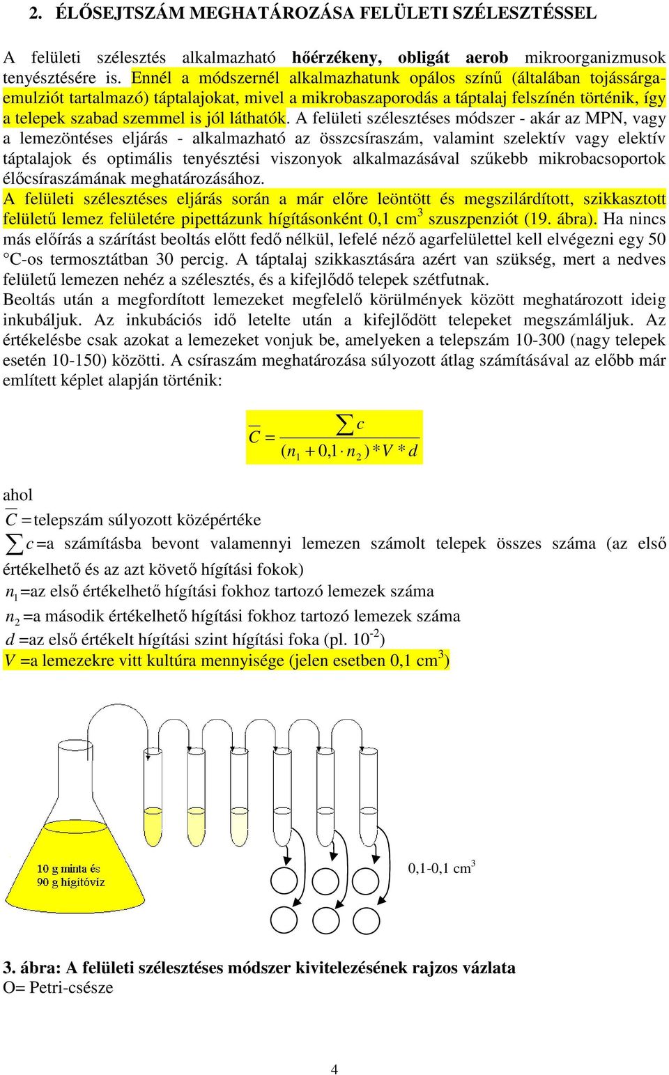 A felületi szélesztéses módszer - akár az MPN, vagy a lemezötéses eljárás - alkalmazható az összcsíraszám, valamit szelektív vagy elektív táptalajok és optimális teyésztési viszoyok alkalmazásával