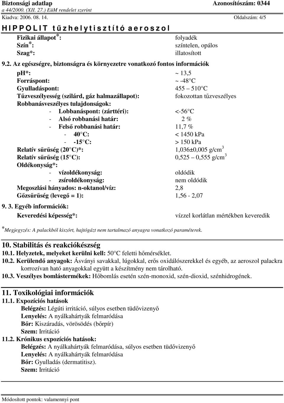 Az egészségre, biztonságra és környezetre vonatkozó fontos információk ph*: ~ 13,5 Forráspont: ~ -48 C Gyulladáspont: 455 510 C Tzveszélyesség (szilárd, gáz halmazállapot): fokozottan tzveszélyes