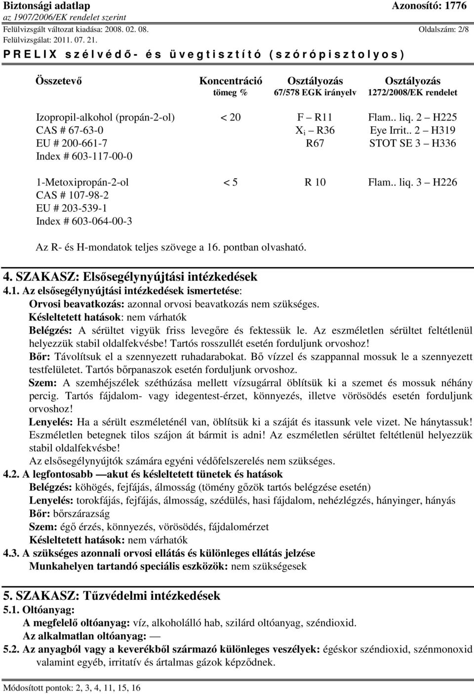 2 H225 CAS # 67-63-0 X i R36 Eye Irrit.. 2 H319 EU # 200-661-7 R67 STOT SE 3 H336 Index # 603-117-00-0 1-Metoxipropán-2-ol < 5 R 10 Flam.. liq.