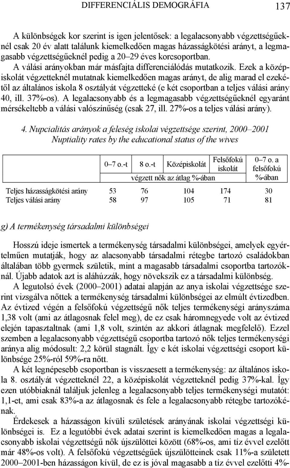 Ezek a középiskolát végzetteknél mutatnak kiemelkedően magas arányt, de alig marad el ezekétől az általános iskola 8 osztályát végzetteké (e két csoportban a teljes válási arány 40, ill. 37%-os).