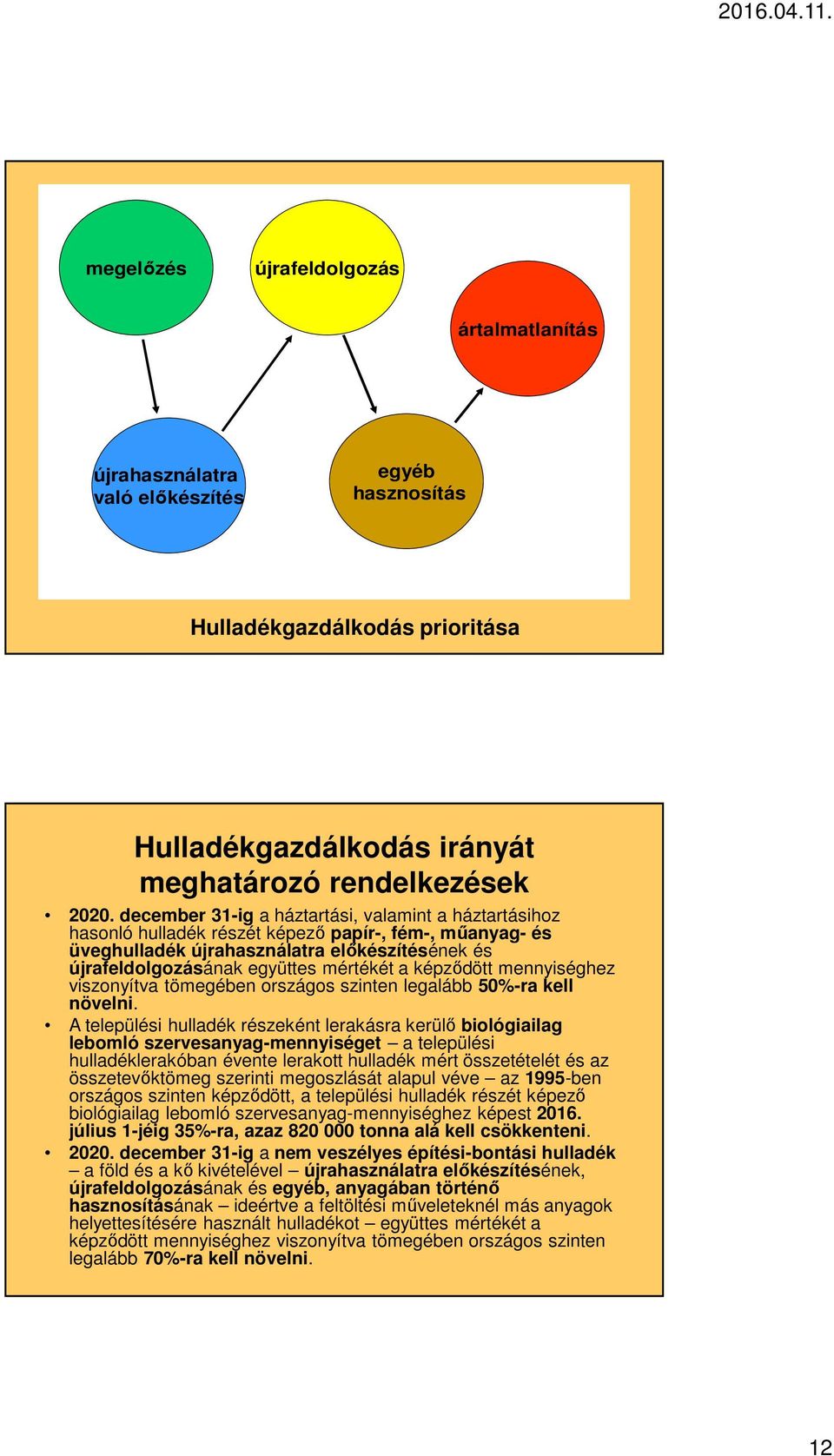 képződött mennyiséghez viszonyítva tömegében országos szinten legalább 50%-ra kell növelni.