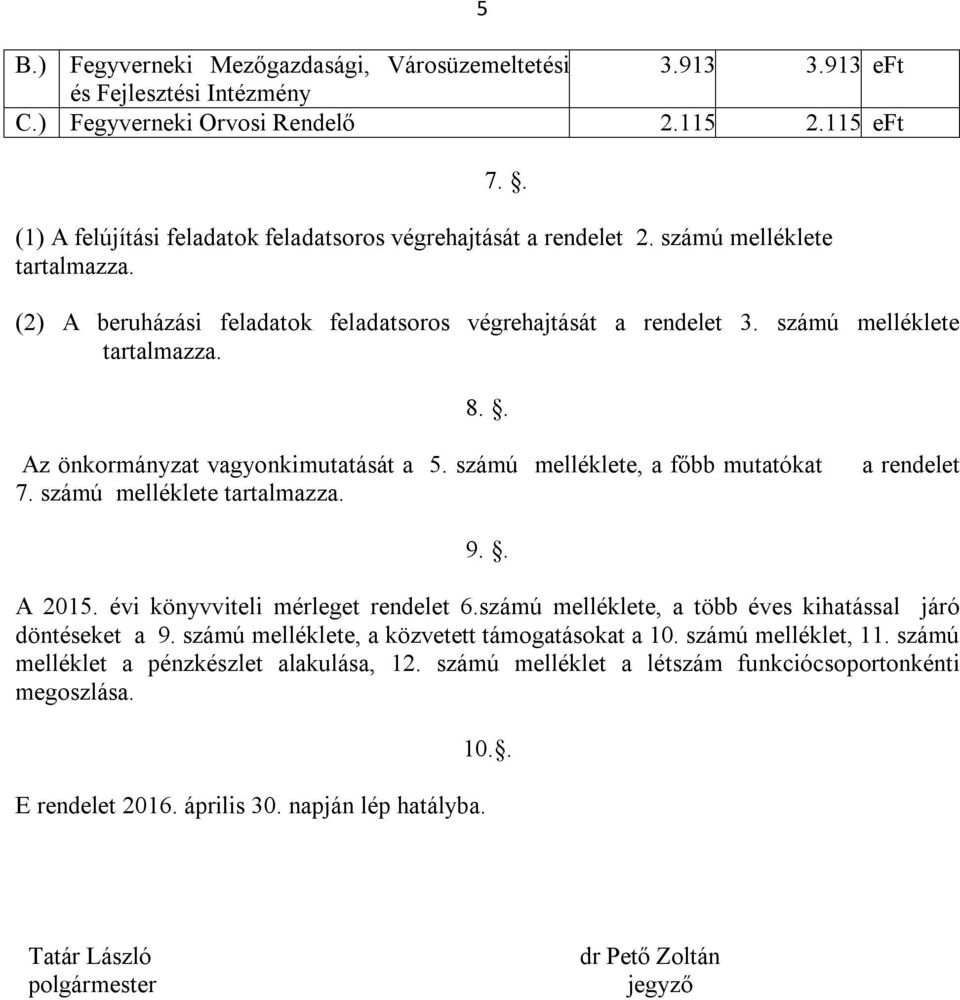 . Az önkormányzat vagyonkimutatását a 5. számú melléklete, a főbb mutatókat 7. számú melléklete tartalmazza. a rendelet 9.. A 2015. évi könyvviteli mérleget rendelet 6.