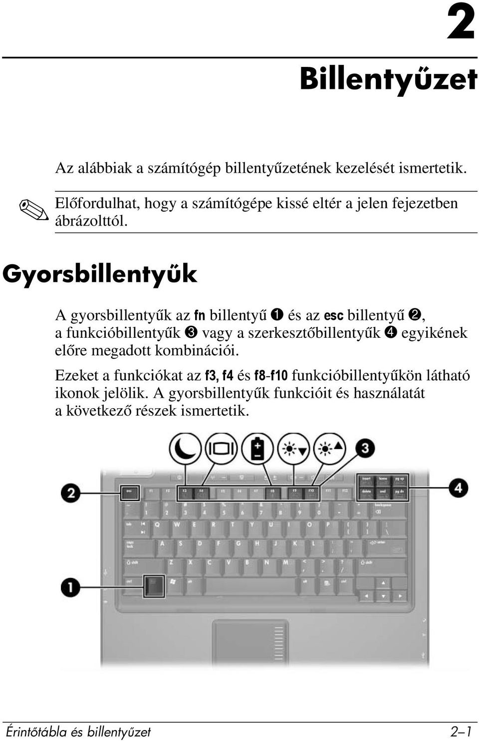 Gyorsbillenty k A gyorsbillentyűkaz fn billentyű 1 és az esc billentyű 2, a funkcióbillentyűk 3 vagy a szerkesztőbillentyűk 4