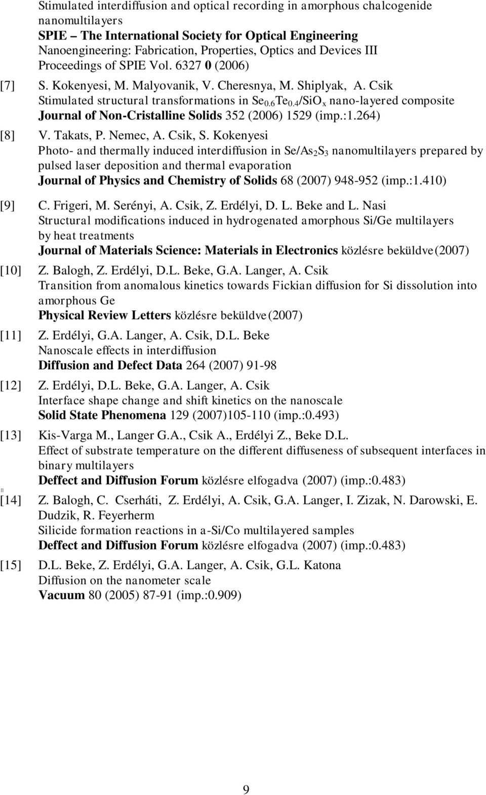 4 /SiO x nano-layered composite Journal of Non-Cristalline Solids 352 (2006) 1529 (imp.:1.264) [8] V. Takats, P. Nemec, A. Csik, S.