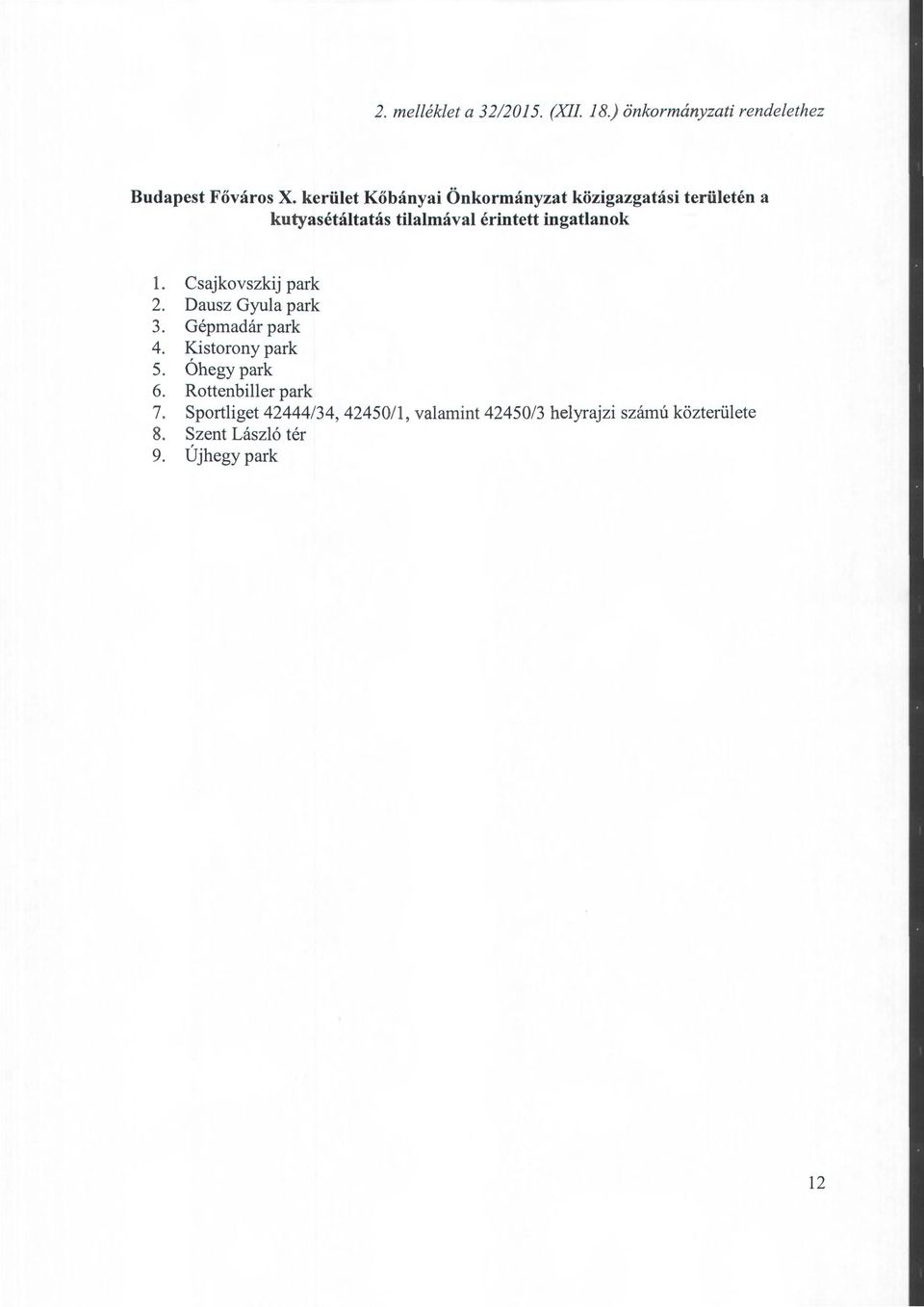 l. Csajkovszkij park 2. Dausz Gyula park 3. Gépmadár park 4. Kistorony park 5. Óhegy park 6.
