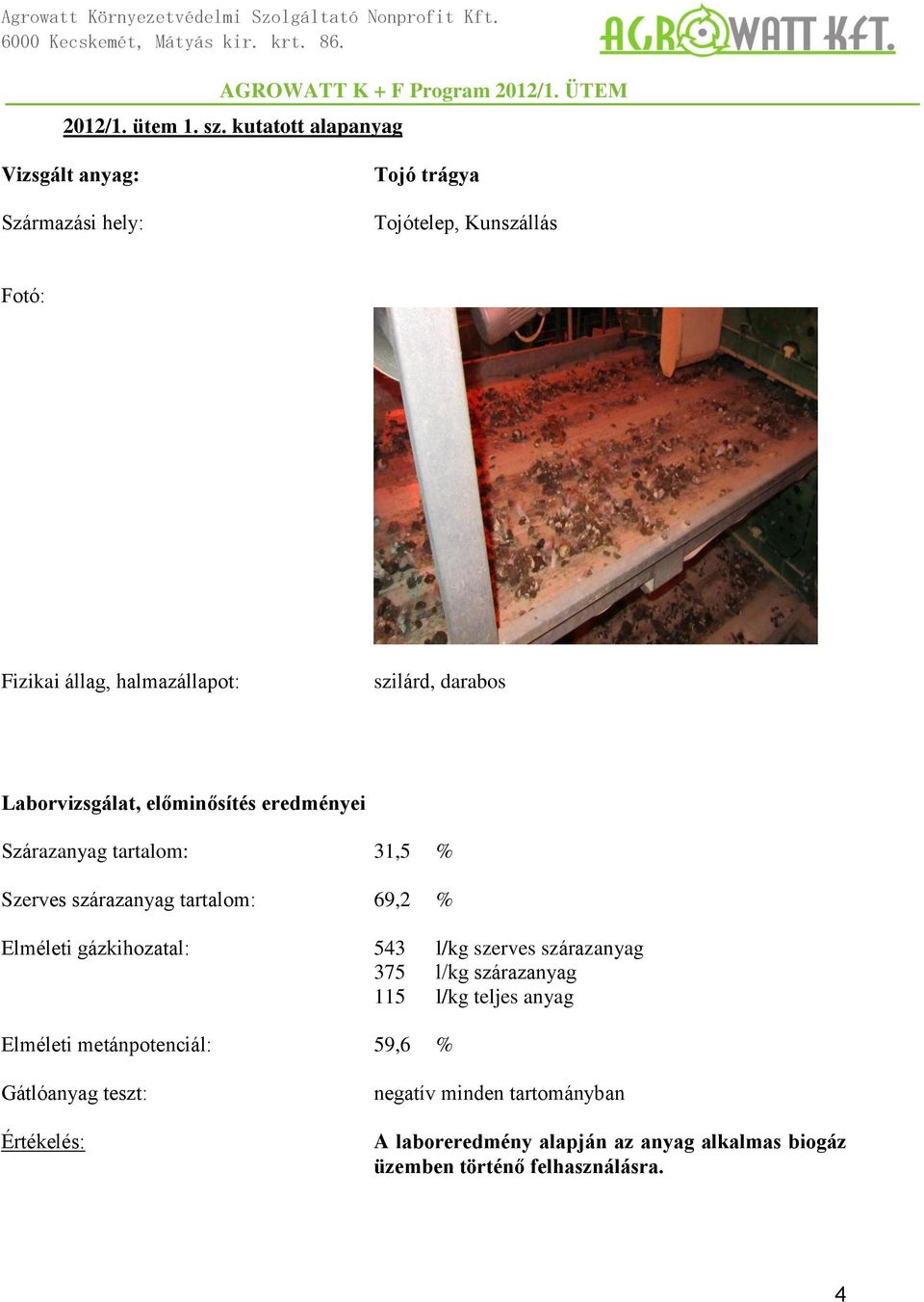 darabos Laborvizsgálat, előminősítés eredményei Szárazanyag tartalom: 31,5 % Szerves szárazanyag tartalom: 69,2 % Elméleti