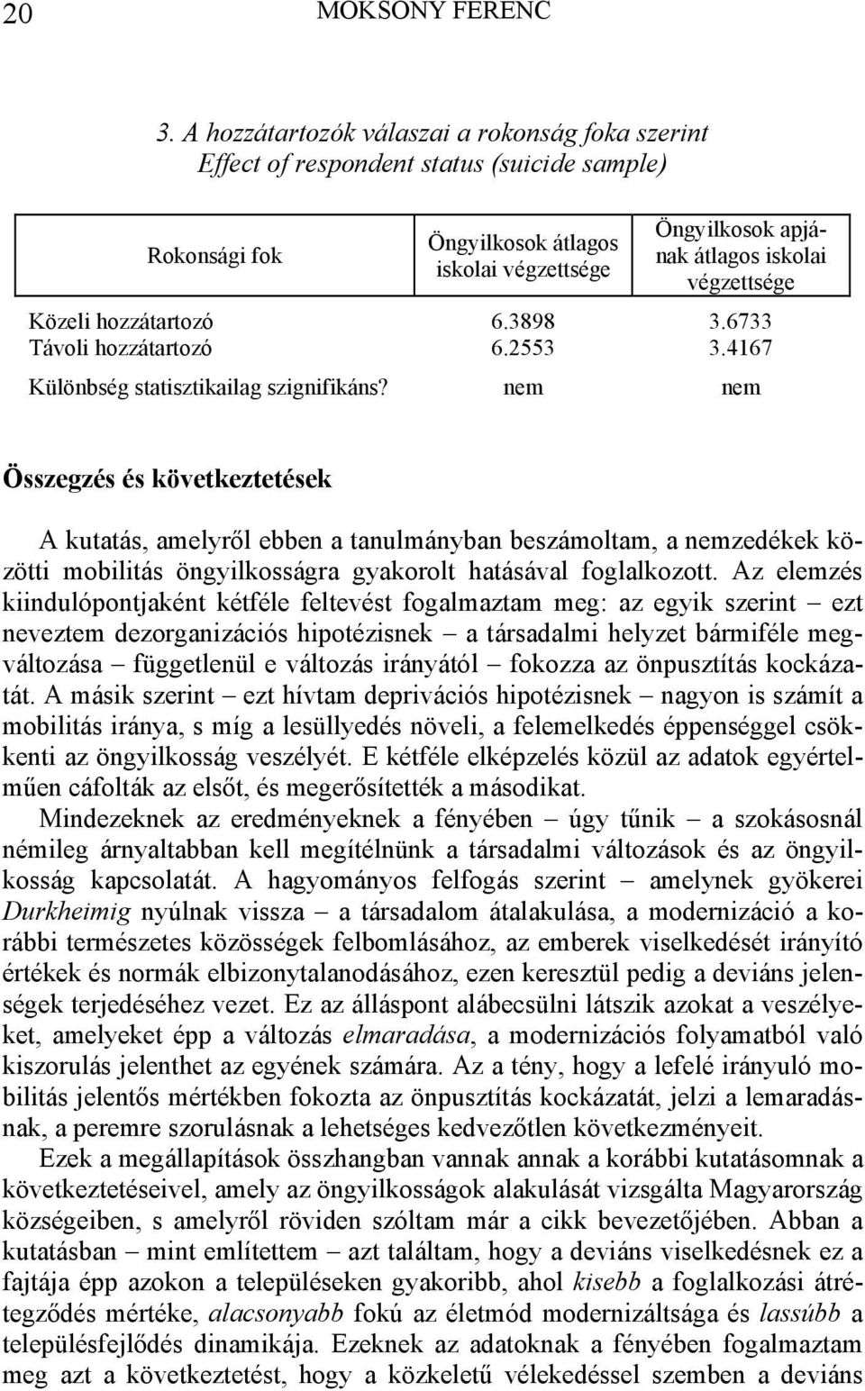 Közeli hozzátartozó 6.3898 3.6733 Távoli hozzátartozó 6.2553 3.4167 Különbség statisztikailag szignifikáns?