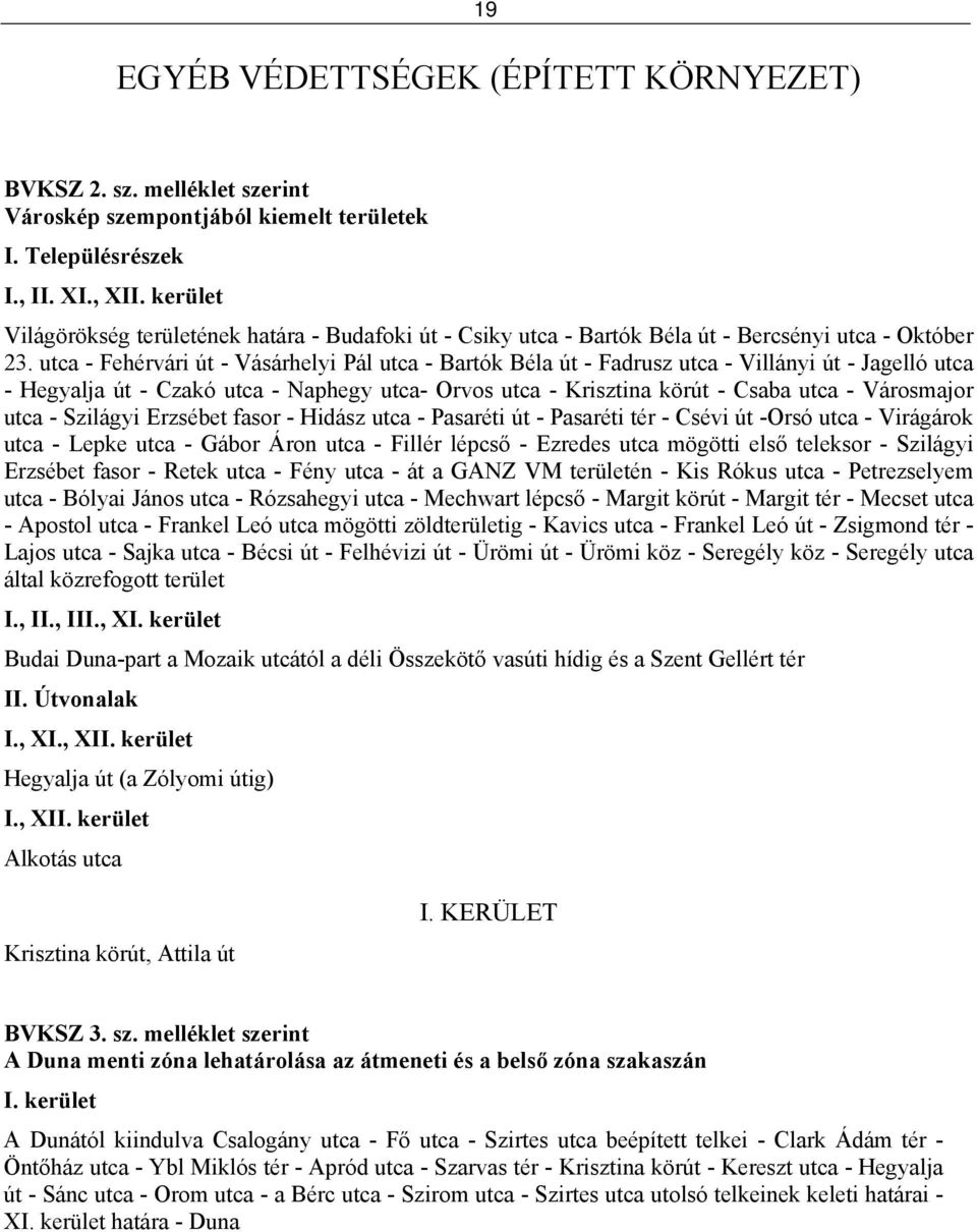 utca - Fehérvári út - Vásárhelyi Pál utca - Bartók Béla út - Fadrusz utca - Villányi út - Jagelló utca - Hegyalja út - Czakó utca - Naphegy utca- Orvos utca - Krisztina körút - Csaba utca -