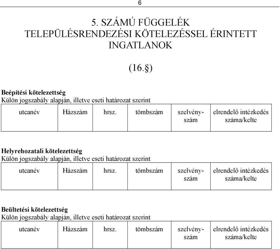 tömbszám szelvényszám elrendelő intézkedés száma/kelte Helyrehozatali kötelezettség Külön jogszabály alapján, illetve eseti határozat