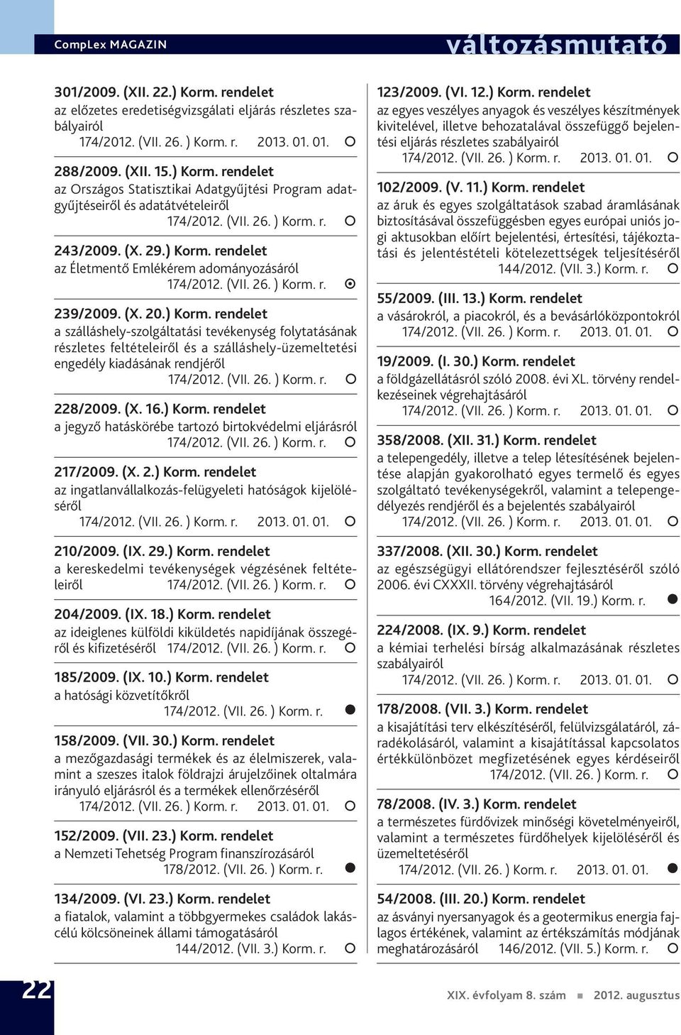 (VII. 26. ) Korm. r. 228/2009. (X. 16.) Korm. rendelet a jegyző hatáskörébe tartozó birtokvédelmi eljárásról 174/2012. (VII. 26. ) Korm. r. 217/2009. (X. 2.) Korm. rendelet az ingatlanvállalkozás-felügyeleti hatóságok kijelöléséről 210/2009.