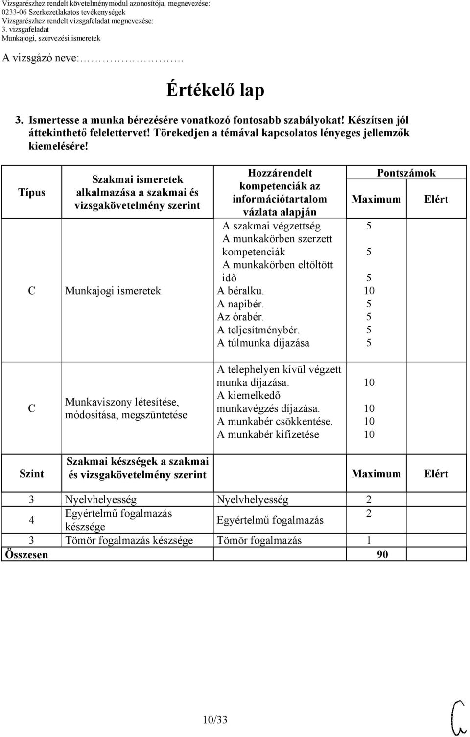 szerzett kompetenciák A munkakörben eltöltött idő A béralku. A napibér. Az órabér. A teljesítménybér.