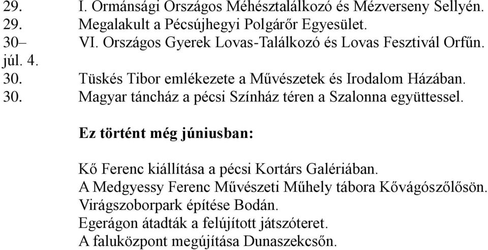 Ez történt még júniusban: Kő Ferenc kiállítása a pécsi Kortárs Galériában. A Medgyessy Ferenc Művészeti Műhely tábora Kővágószőlősön.