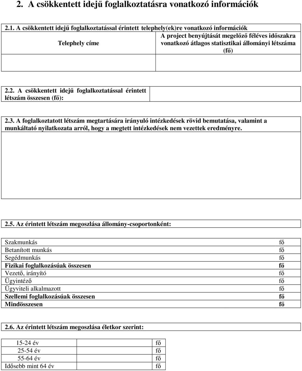 () 2.2. A csökkentett idejő foglalkoztatással érintett létszám összesen (): 2.3.