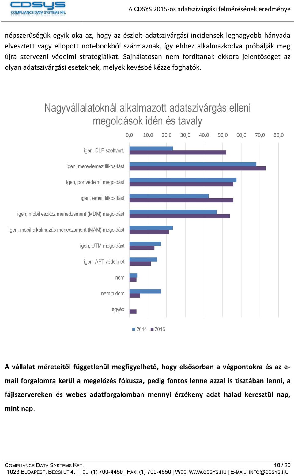 Nagyvállalatoknál alkalmazott adatszivárgás elleni megoldások idén és tavaly igen, DLP szoftvert, 0,0 10,0 20,0 30,0 40,0 50,0 60,0 70,0 80,0 igen, merevlemez titkosítást igen, portvédelmi megoldást