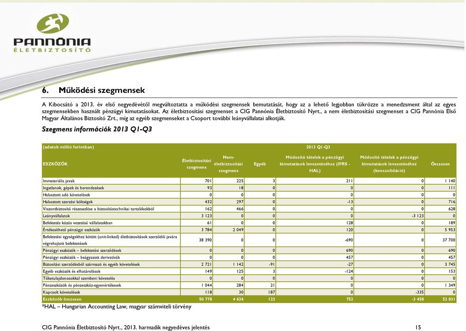 Az életbiztosítási szegmenset a CIG Pannónia Életbiztosító Nyrt., a nem életbiztosítási szegmenset a CIG Pannónia Első Magyar Általános Biztosító Zrt.