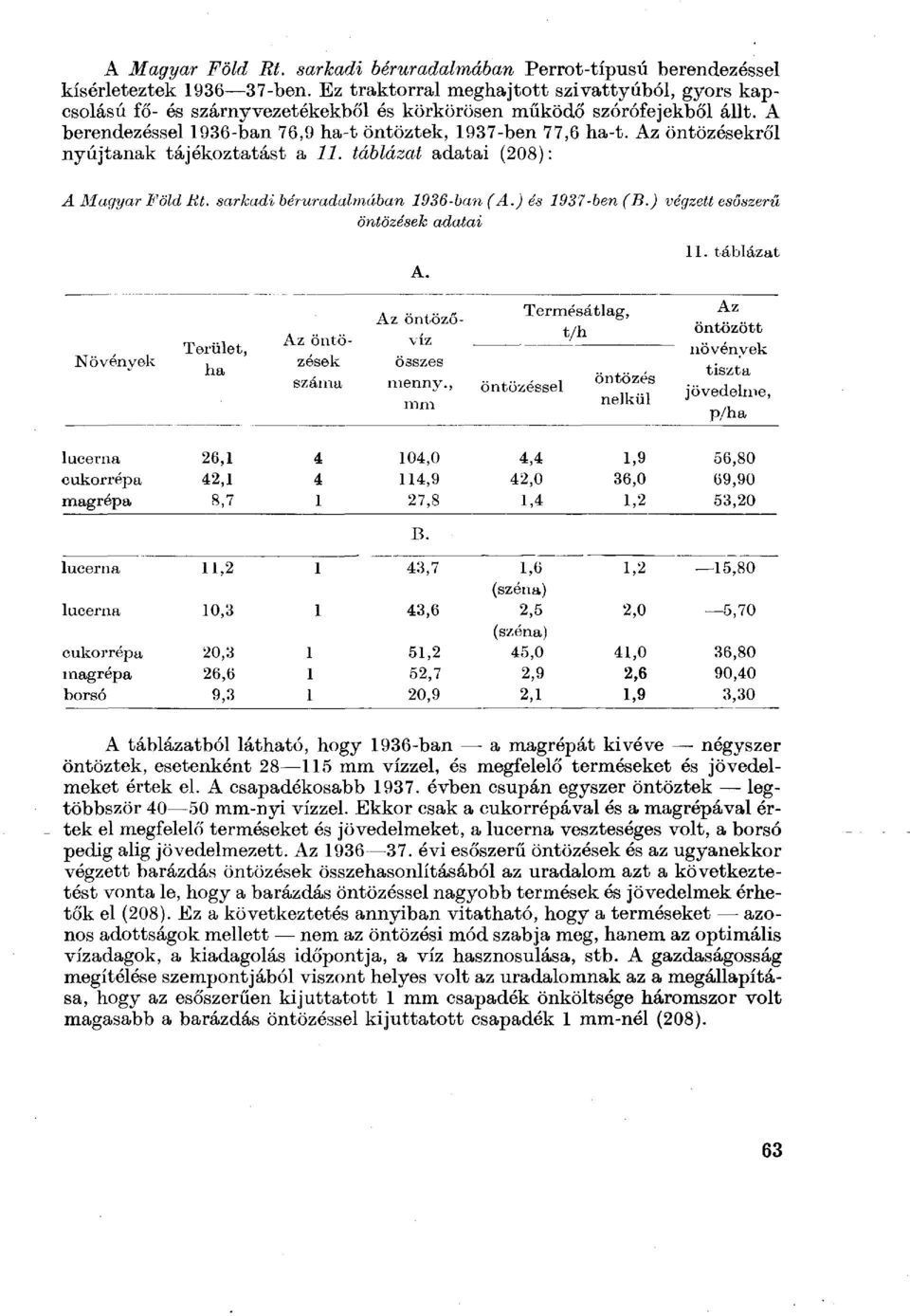 Az öntözésekről nyújtanak tájékoztatást a 11. táblázat adatai (208): A Magyar Föld Rt. sarkadi béruradalmában 1936-ban (A.) és 1937-ben (B.) végzett esöszerű öntözések adatai 11.