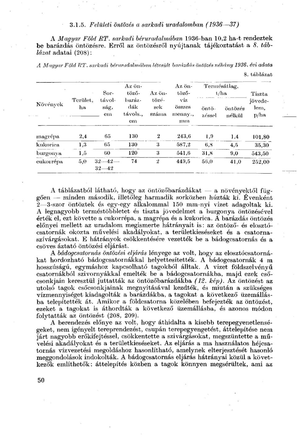 táblázat Terület, Nővérnek, na Az ön- Az ön- Termésátlag, Sor- töző- Az ön- töző- t/ha Tiszta távol- baráz- tözé- víz jövedeság, dák sek összes öntő- öntözés lem, cm távols., száma menny.