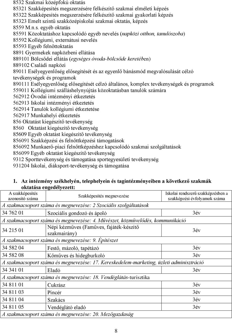 felnőttoktatás 8891 Gyermekek napközbeni ellátása 889101 Bölcsődei ellátás (egységes óvoda-bölcsőde keretében) 889102 Családi napközi 89011 Esélyegyenlőség elősegítését és az egyenlő bánásmód