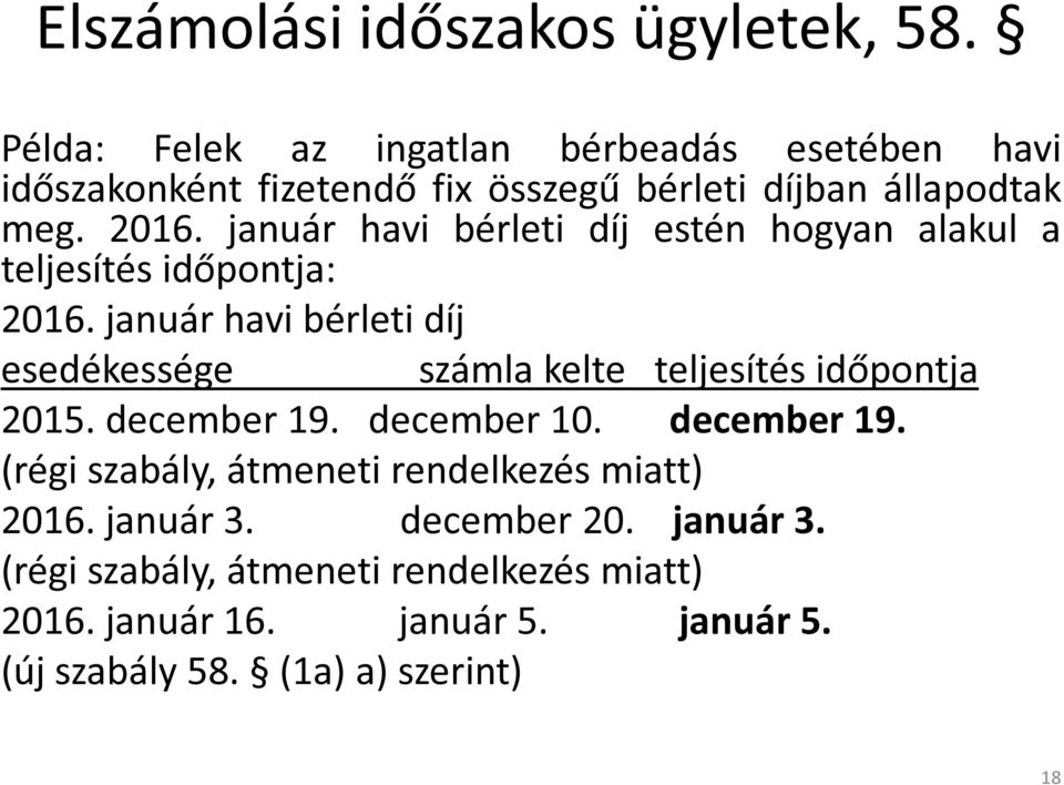 január havi bérleti díj estén hogyan alakul a teljesítés időpontja: 2016.