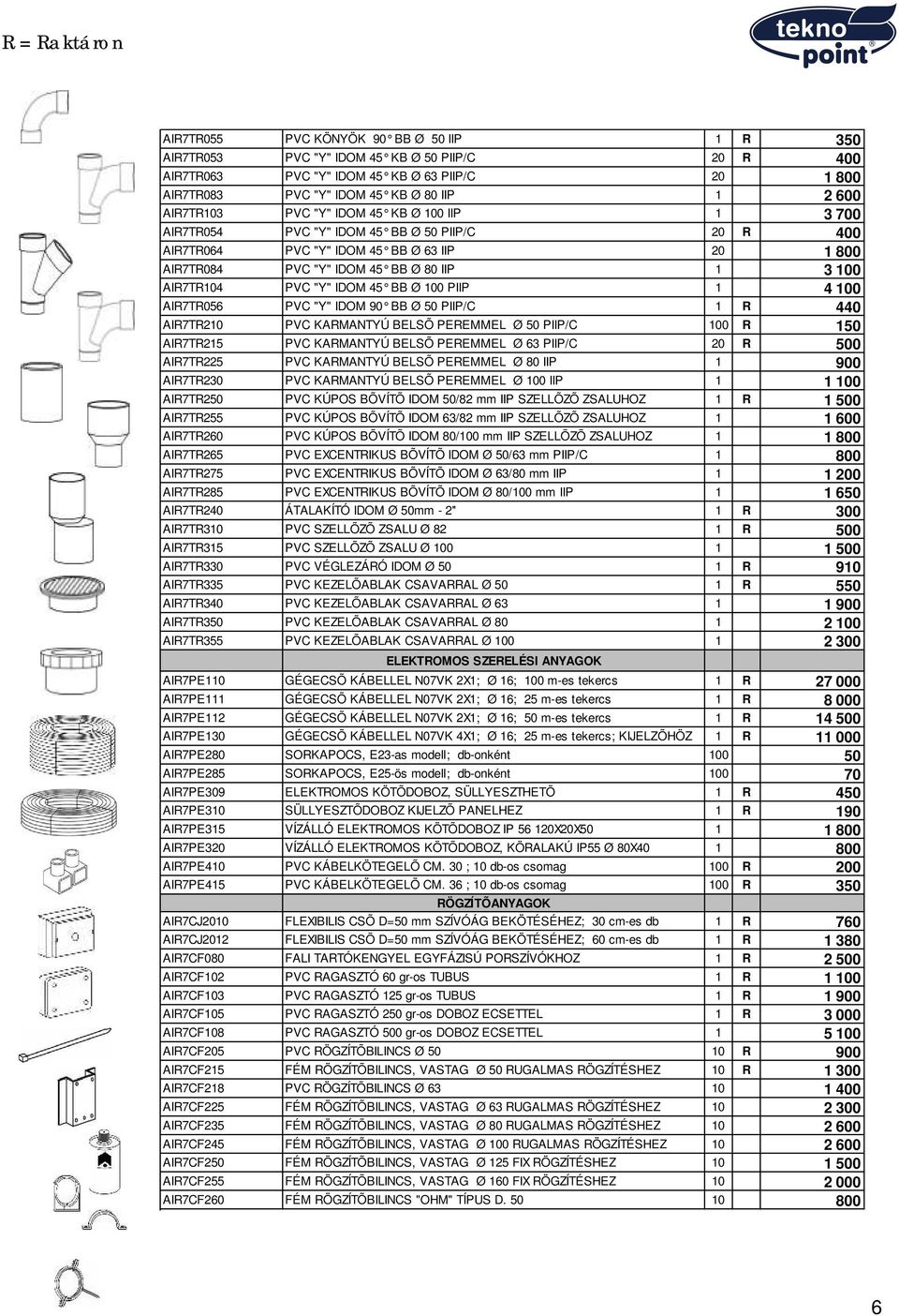 IDOM 45 BB Ø 100 PIIP 1 4 100 AIR7TR056 PVC "Y" IDOM 90 BB Ø 50 PIIP/C 1 R 440 AIR7TR210 PVC KARMANTYÚ BELSÕ PEREMMEL Ø 50 PIIP/C 100 R 150 AIR7TR215 PVC KARMANTYÚ BELSÕ PEREMMEL Ø 63 PIIP/C 20 R 500