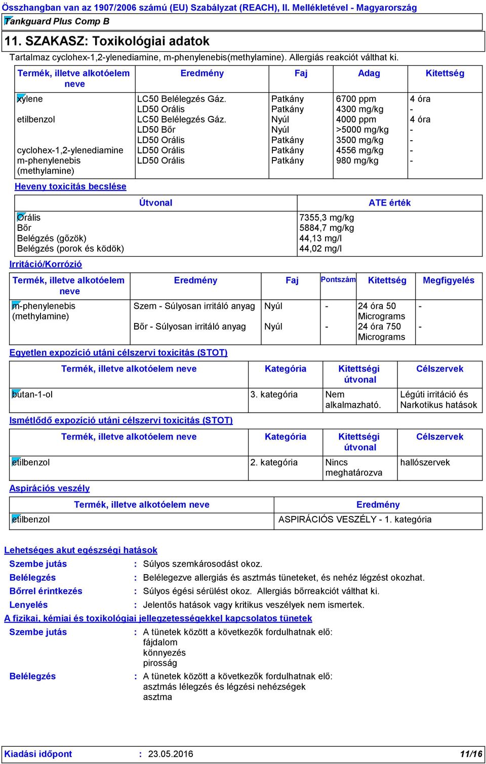 Nyúl 4000 ppm 4 óra LD50 Bőr Nyúl >5000 mg/kg - LD50 Orális Patkány 3500 mg/kg - cyclohex-1,2-ylenediamine LD50 Orális Patkány 4556 mg/kg - m-phenylenebis (methylamine) LD50 Orális Patkány 980 mg/kg