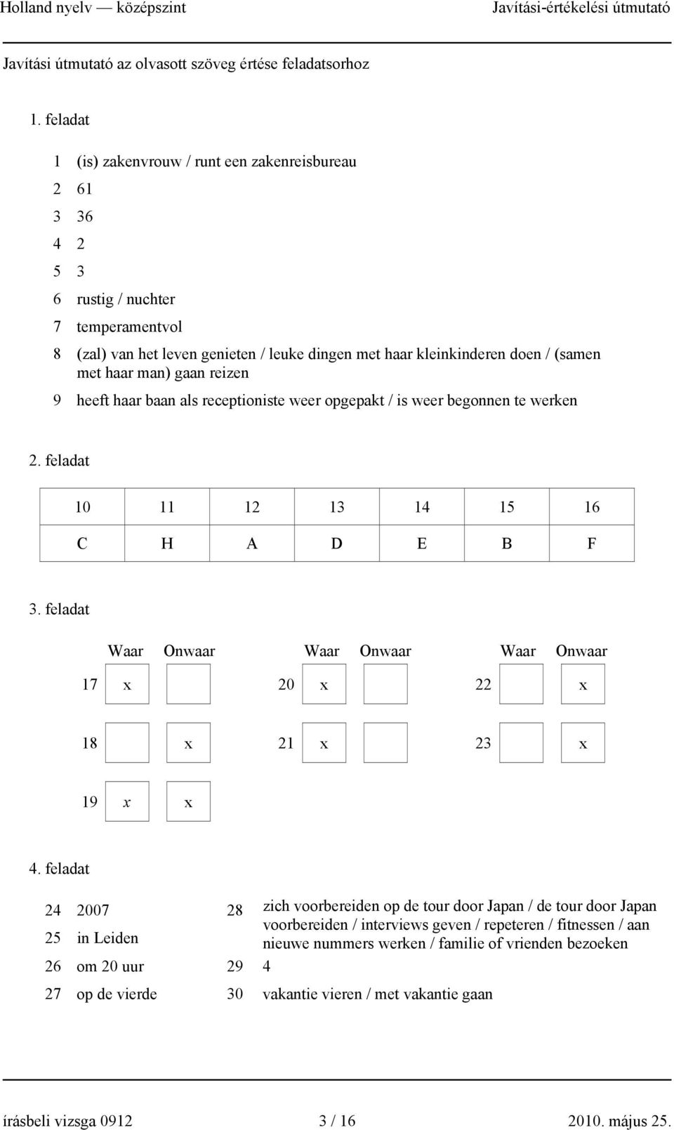 man) gaan reizen 9 heeft haar baan als receptioniste weer opgepakt / is weer begonnen te werken 2. feladat 10 11 12 13 14 15 16 C H A D E B F 3.