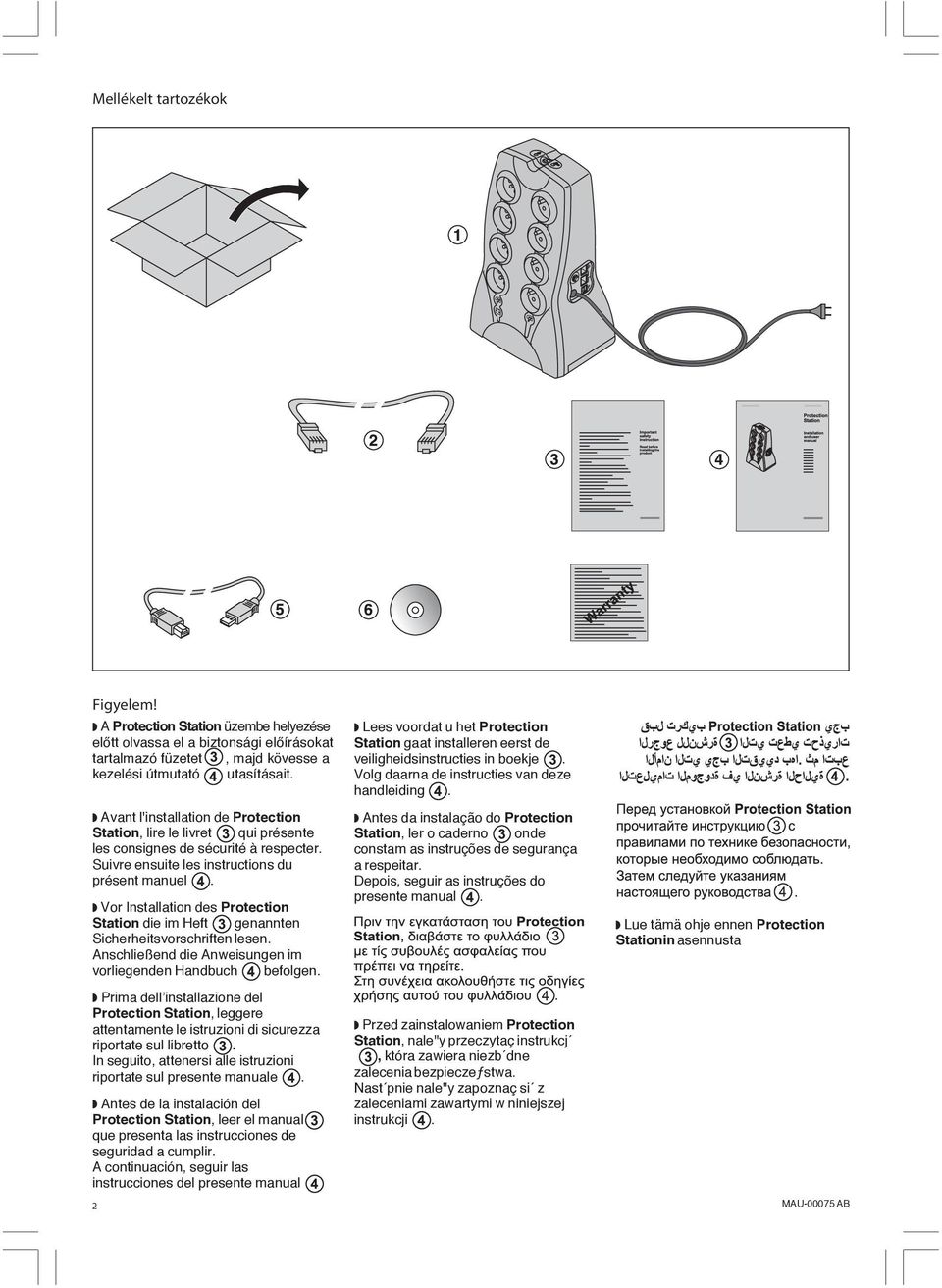 Vor Installation des Protection Station die im Heft genannten Sicherheitsvorschriften lesen. Anschließend die Anweisungen im vorliegenden Handbuch befolgen.