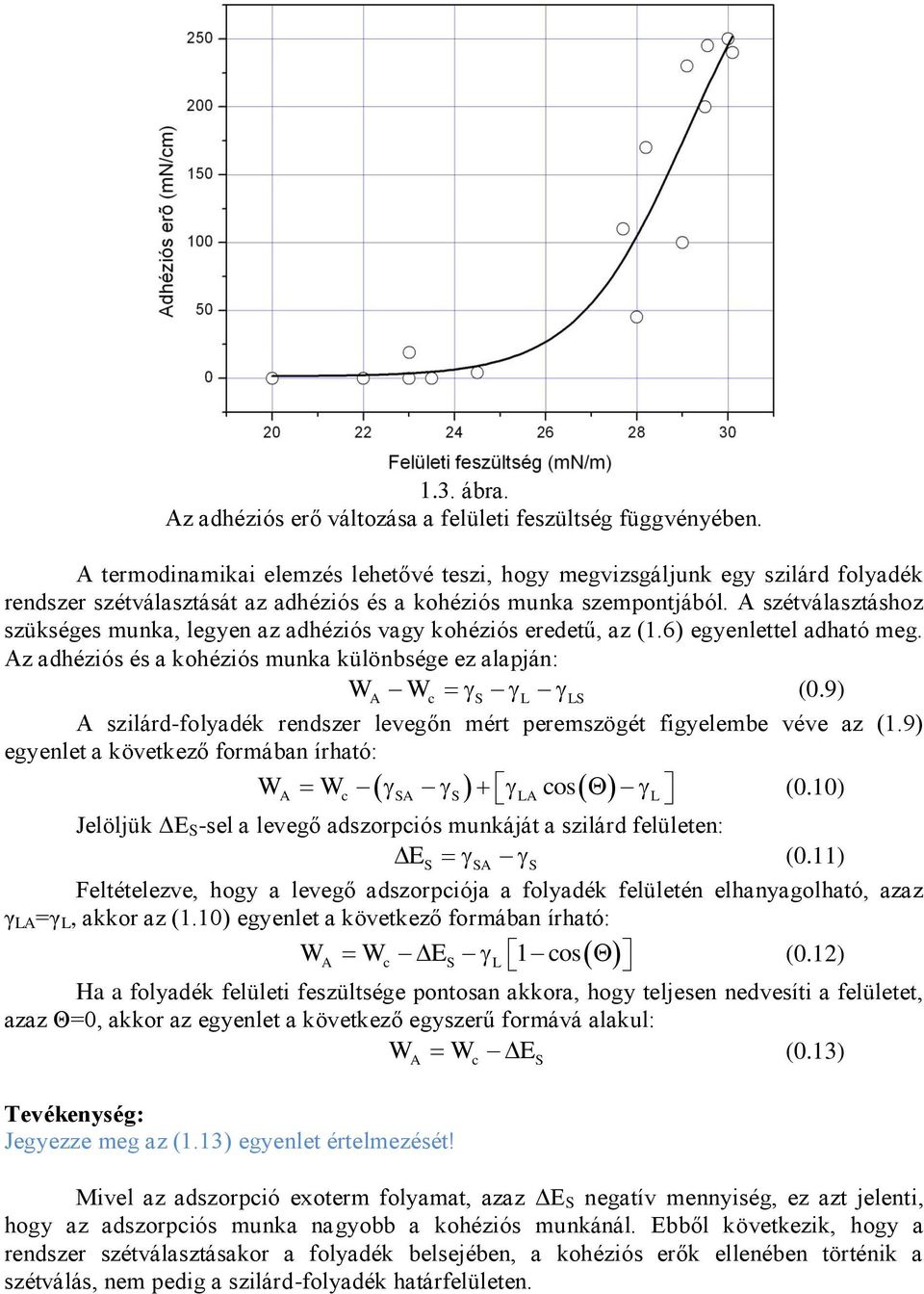 A szétválasztáshoz szükséges munka, legyen az adhéziós vagy kohéziós eredetű, az (1.6) egyenlettel adható meg. Az adhéziós és a kohéziós munka különbsége ez alapján: WA Wc S L LS (0.