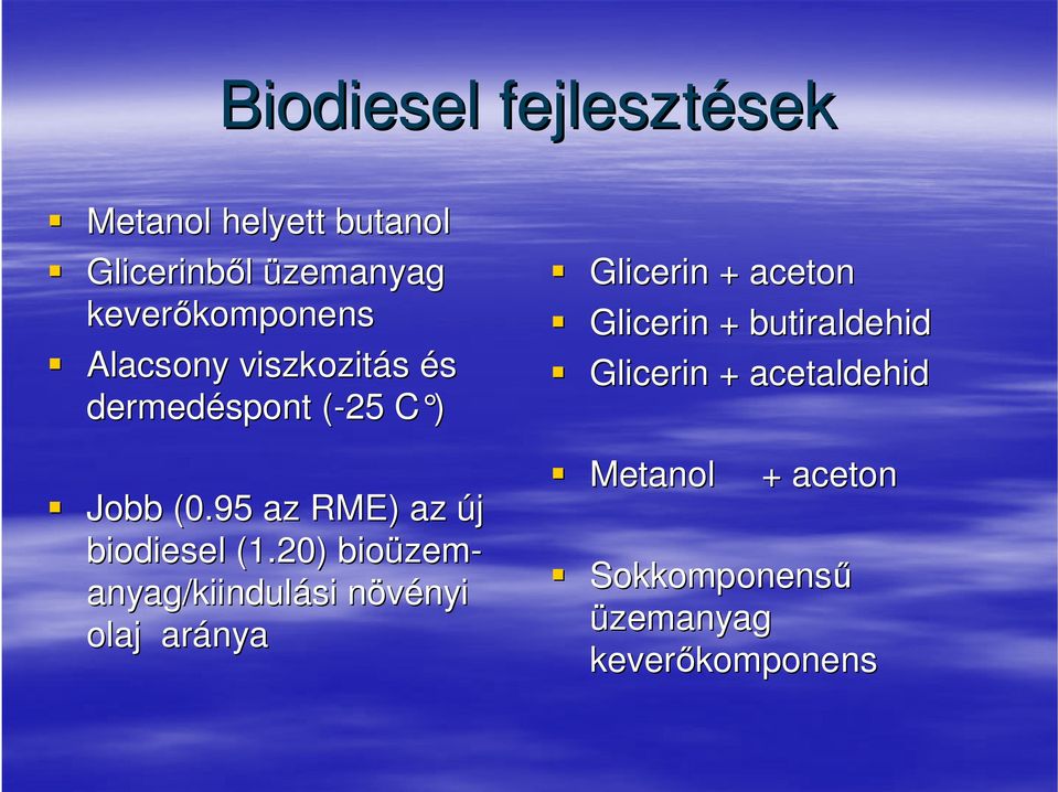 20) bioüzem zem- anyag/kiindul /kiindulási növényin nyi olaj aránya Glicerin + aceton Glicerin +