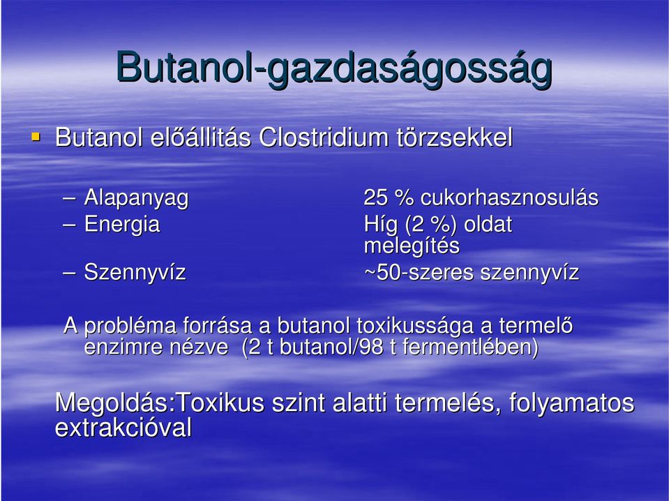 ~50-szeres szennyvíz A probléma forrása a butanol toxikussága a termelő enzimre