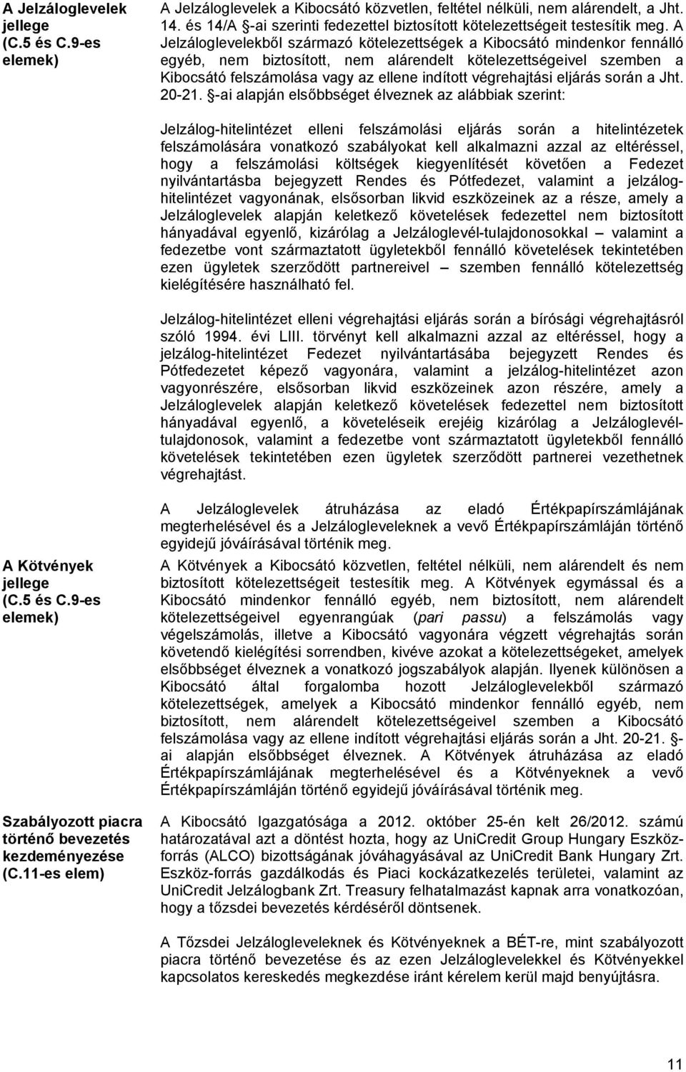 A Jelzáloglevelekből származó kötelezettségek a Kibocsátó mindenkor fennálló egyéb, nem biztosított, nem alárendelt kötelezettségeivel szemben a Kibocsátó felszámolása vagy az ellene indított