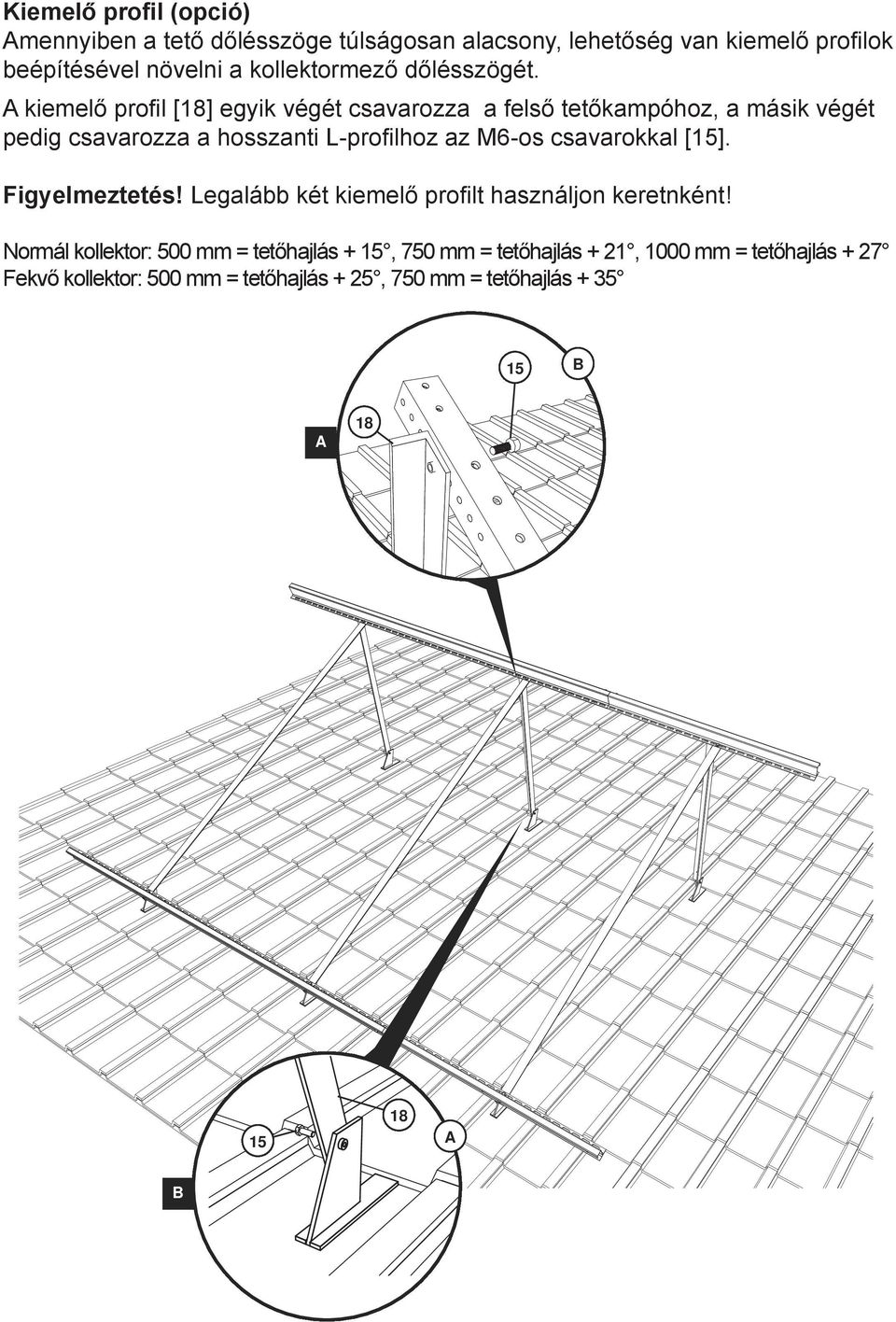 A kiemelő profi l [18] egyik végét csavarozza a felső tetőkampóhoz, a másik végét pedig csavarozza a hosszanti L-profi lhoz az M6-os