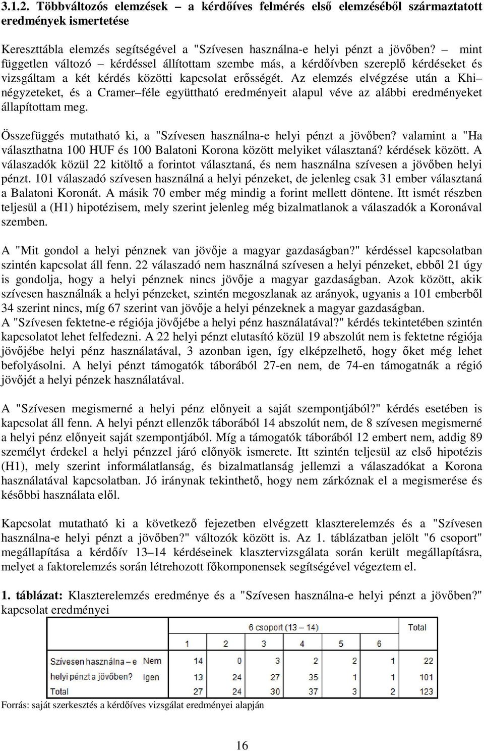 Az elemzés elvégzése után a Khi négyzeteket, és a Cramer féle együttható eredményeit alapul véve az alábbi eredményeket állapítottam meg.