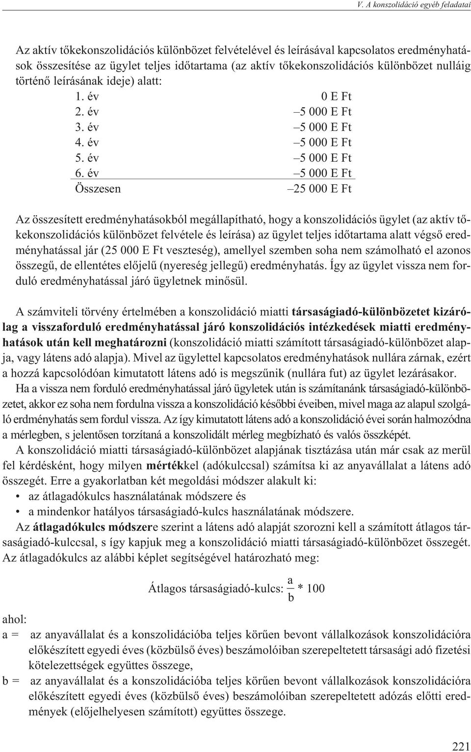 év 5 000 E Ft Összesen 25 000 E Ft Az összesített eredményhatásokból megállapítható, hogy a konszolidációs ügylet (az aktív tõkekonszolidációs különbözet felvétele és leírása) az ügylet teljes