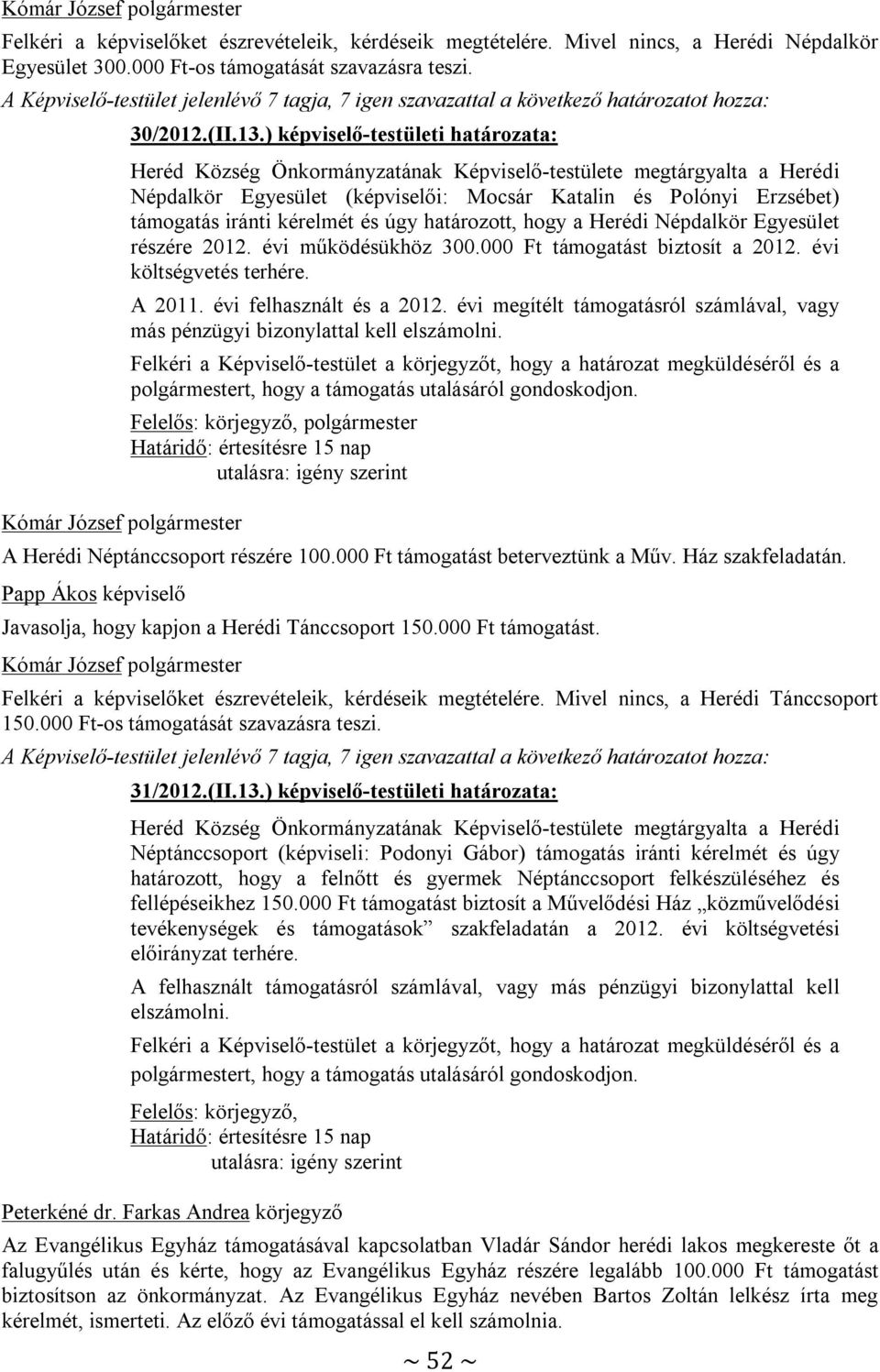 ) képviselő-testületi határozata: Heréd Község Önkormányzatának Képviselő-testülete megtárgyalta a Herédi Népdalkör Egyesület (képviselői: Mocsár Katalin és Polónyi Erzsébet) támogatás iránti