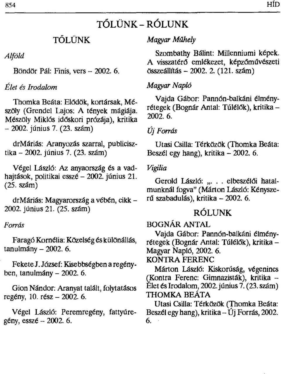 június 21. (25. szám) drmáriás: Magyarországa vébén, cikk - 2002. június 21. (25. szám) Forrás Faragó Kornélia: Közelség és különállás, tanulmány - 2002. 6. Fekete J.