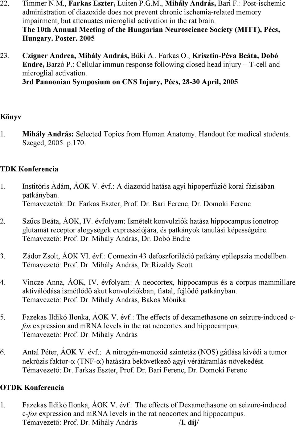 The 10th Annual Meeting of the Hungarian Neuroscience Society (MITT), Pécs, Hungary. Poster. 2005 23. Czigner Andrea, Mihály András, Büki A., Farkas O., Krisztin-Péva Beáta, Dobó Endre, Barzó P.