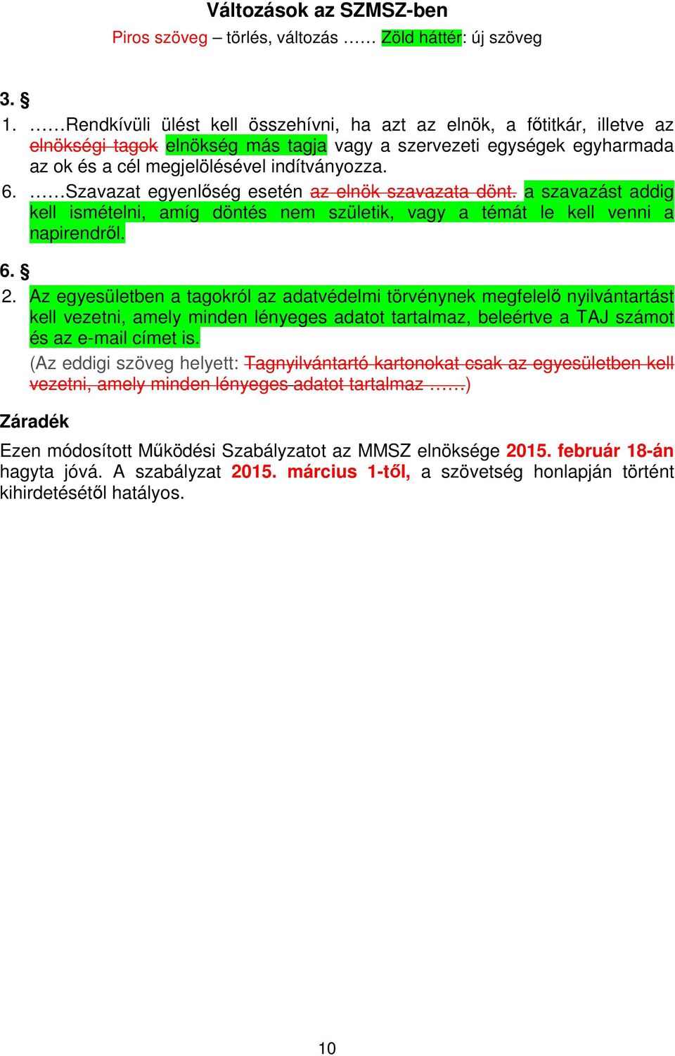 Szavazat egyenlőség esetén az elnök szavazata dönt. a szavazást addig kell ismételni, amíg döntés nem születik, vagy a témát le kell venni a napirendről. 6. 2.