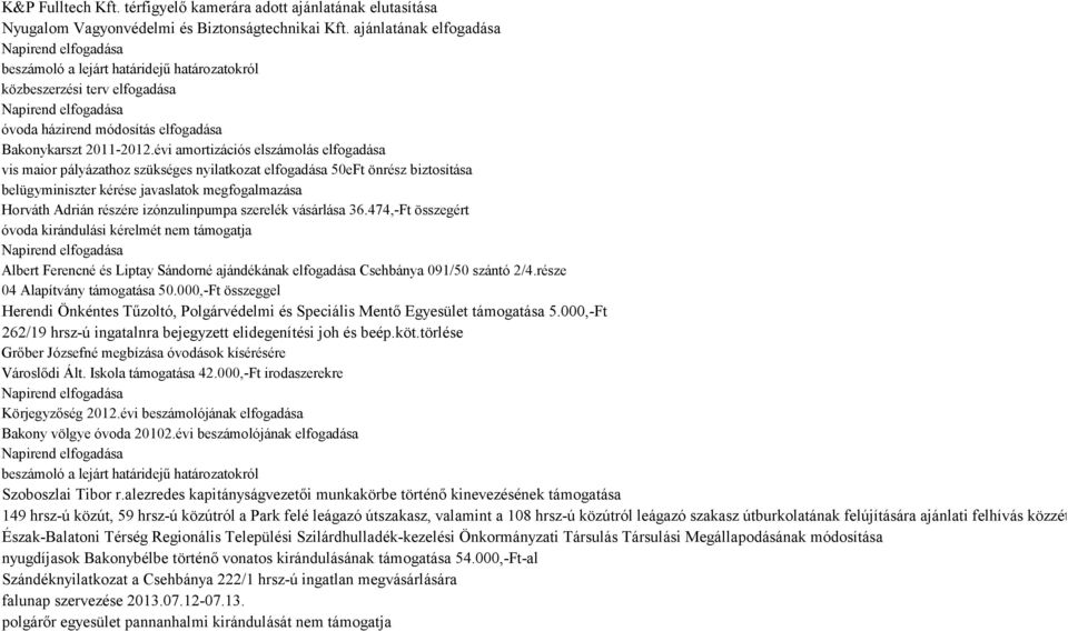 évi amortizációs elszámolás elfogadása vis maior pályázathoz szükséges nyilatkozat elfogadása 50eFt önrész biztosítása belügyminiszter kérése javaslatok megfogalmazása Horváth Adrián részére