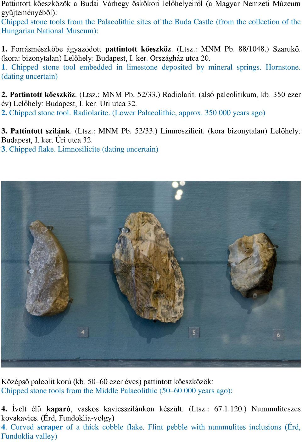 Hornstone. (dating uncertain) 2. Pattintott kőeszköz. (Ltsz.: MNM Pb. 52/33.) Radiolarit. (alsó paleolitikum, kb. 350 ezer év) Lelőhely: Budapest, I. ker. Úri utca 32. 2. Chipped stone tool.