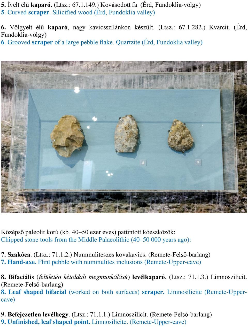 40 50 ezer éves) pattintott kőeszközök: Chipped stone tools from the Middle Palaeolithic (40 50 000 years ago): 7. Szakóca. (Ltsz.: 71.1.2.) Nummuliteszes kovakavics. (Remete-Felső-barlang) 7.