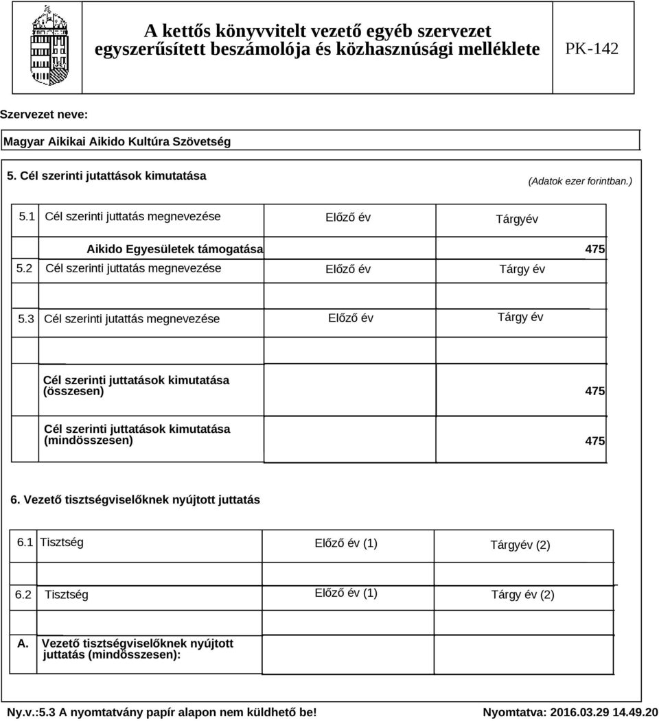 3 Cél szerinti jutattás megnevezése Előző év Tárgy év Cél szerinti juttatások kimutatása (összesen) 475 Cél szerinti juttatások