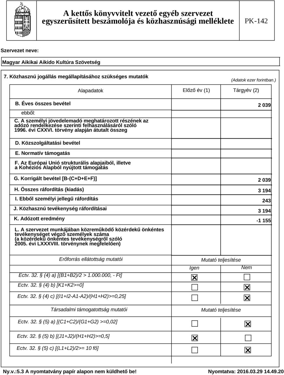 Normatív támogatás F. Az Európai Unió strukturális alapjaiból, illetve a Kohéziós Alapból nyújtott támogatás G. Korrigált bevétel [B-(C+D+E+F)] H. Összes ráfordítás (kiadás) I.