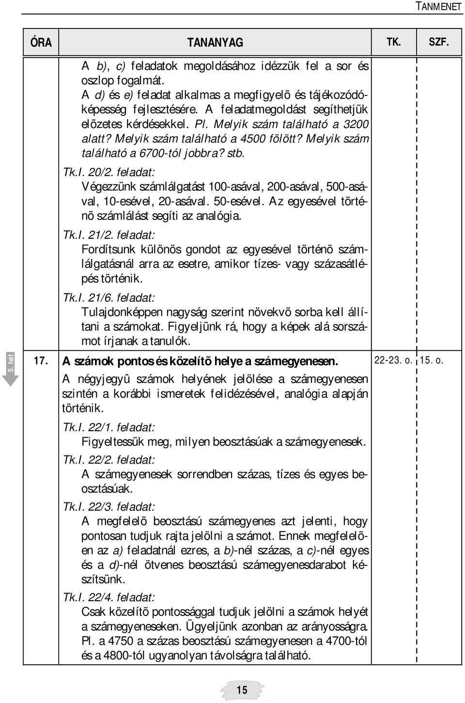 feladat: Végezzünk számlálgatást 100-asával, 200-asával, 500-asával, 10-esével, 20-asával. 50-esével. Az egyesével történõ számlálást segíti az analógia. Tk.I. 21/2.