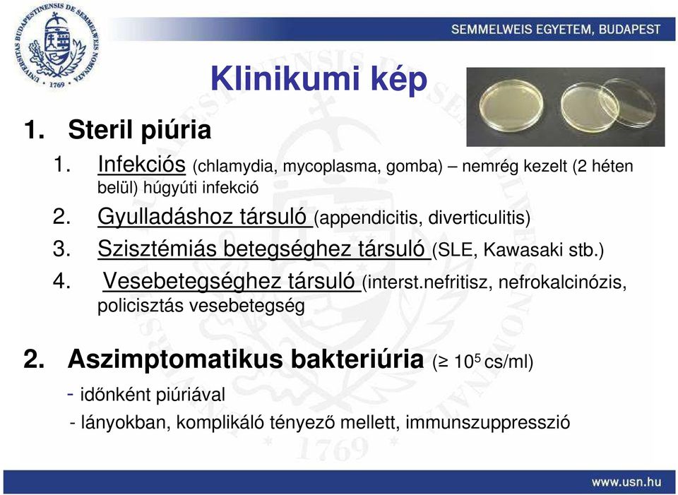 Gyulladáshoz társuló (appendicitis, diverticulitis) 3. Szisztémiás betegséghez társuló (SLE, Kawasaki stb.) 4.