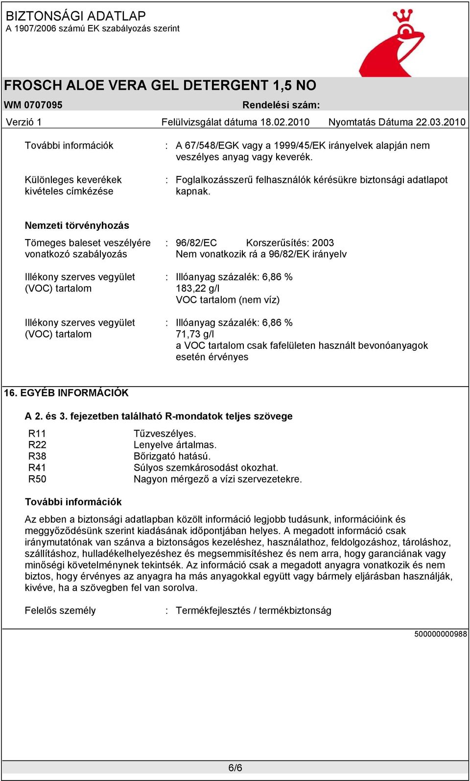 rá a 96/82/EK irányelv : Illóanyag százalék: 6,86 % 183,22 g/l VOC tartalom (nem víz) : Illóanyag százalék: 6,86 % 71,73 g/l a VOC tartalom csak fafelületen használt bevonóanyagok esetén érvényes 16.